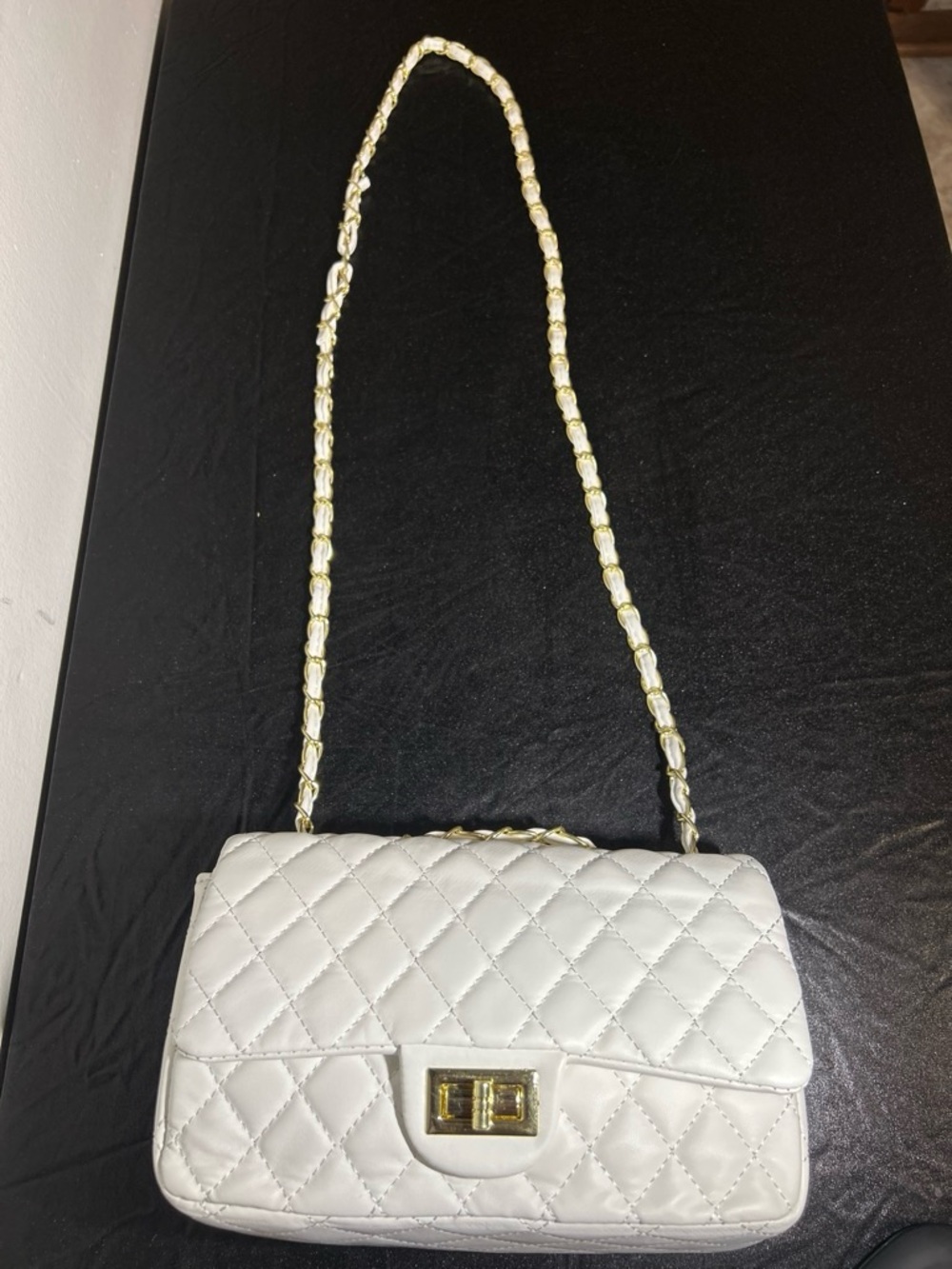 White Quilted Shoulder Bag with Gold Chain Strap